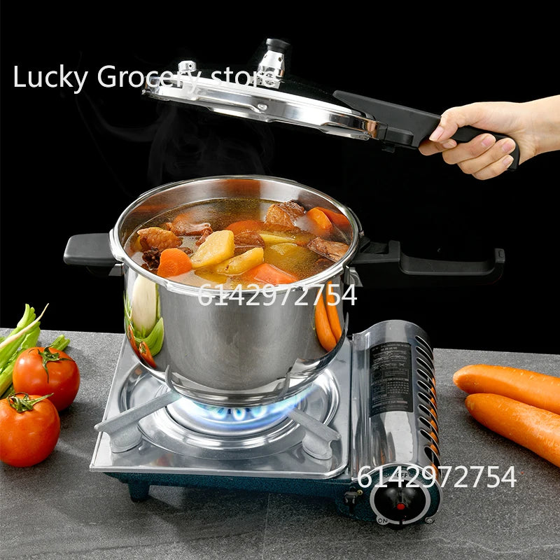 Stainless steel pressure cooker, stove compatible, used for safe cooking, canning, and stewing.