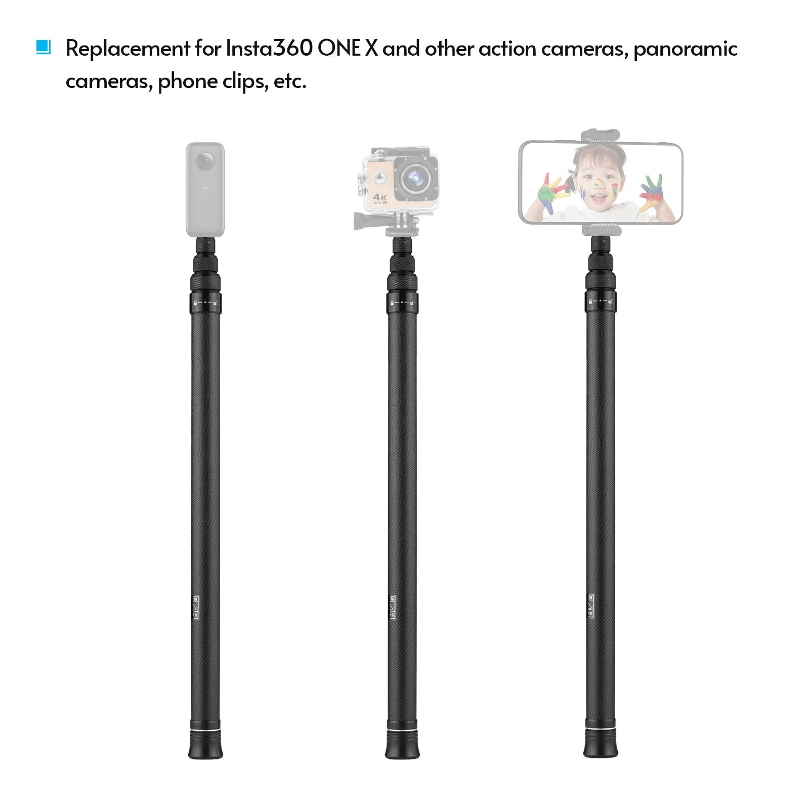 Carbon Fiber Selfie Stick Adjustable Extension Pole with 1/4 Inch Screw Replacement for One X/ One X2/ One R Panoramic Camera.