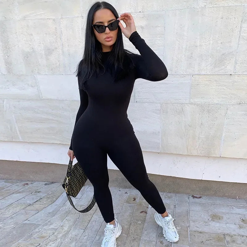 solid black/gray long sleeve skiing jumpsuit women elastic hight outfit fashion fitness sportwear slim rompers streetwear.