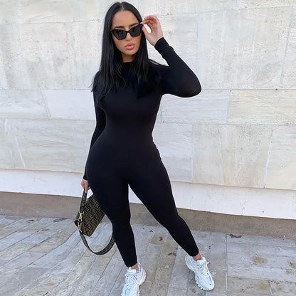 solid black/gray long sleeve skiing jumpsuit women elastic hight outfit fashion fitness sportwear slim rompers streetwear.