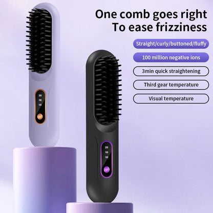 Electric Heating Straight Hair Comb LCD Screen USB Wireless Portable Negative Ion Styling Tool Rechargeable Straightening Brush.