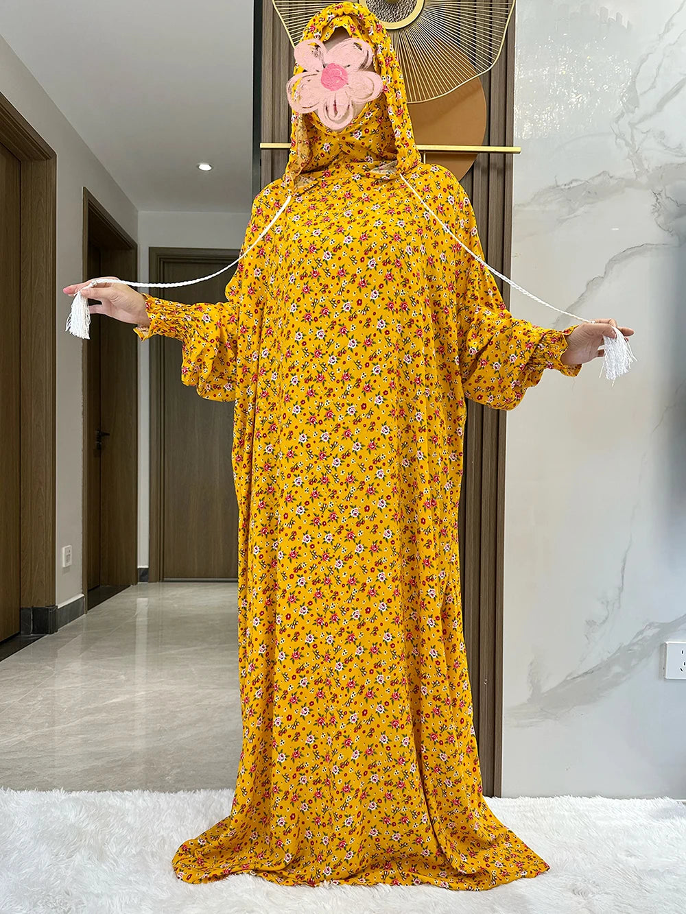 New Ramadan Muslim Two Hats Abaya Dubai Turkey Islam Prayer Clothes Floral Cotton Long Dress Islam Women Dress Kaftan.