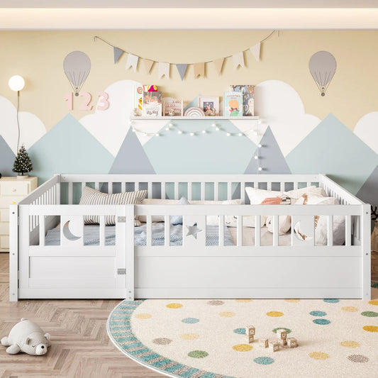 Panelbett 140 x 190 cm großes Kinderbett mit Gitter, Stern- und Monddekoration, ohne Gitter (ohne Matratze), minimalistischer Stil