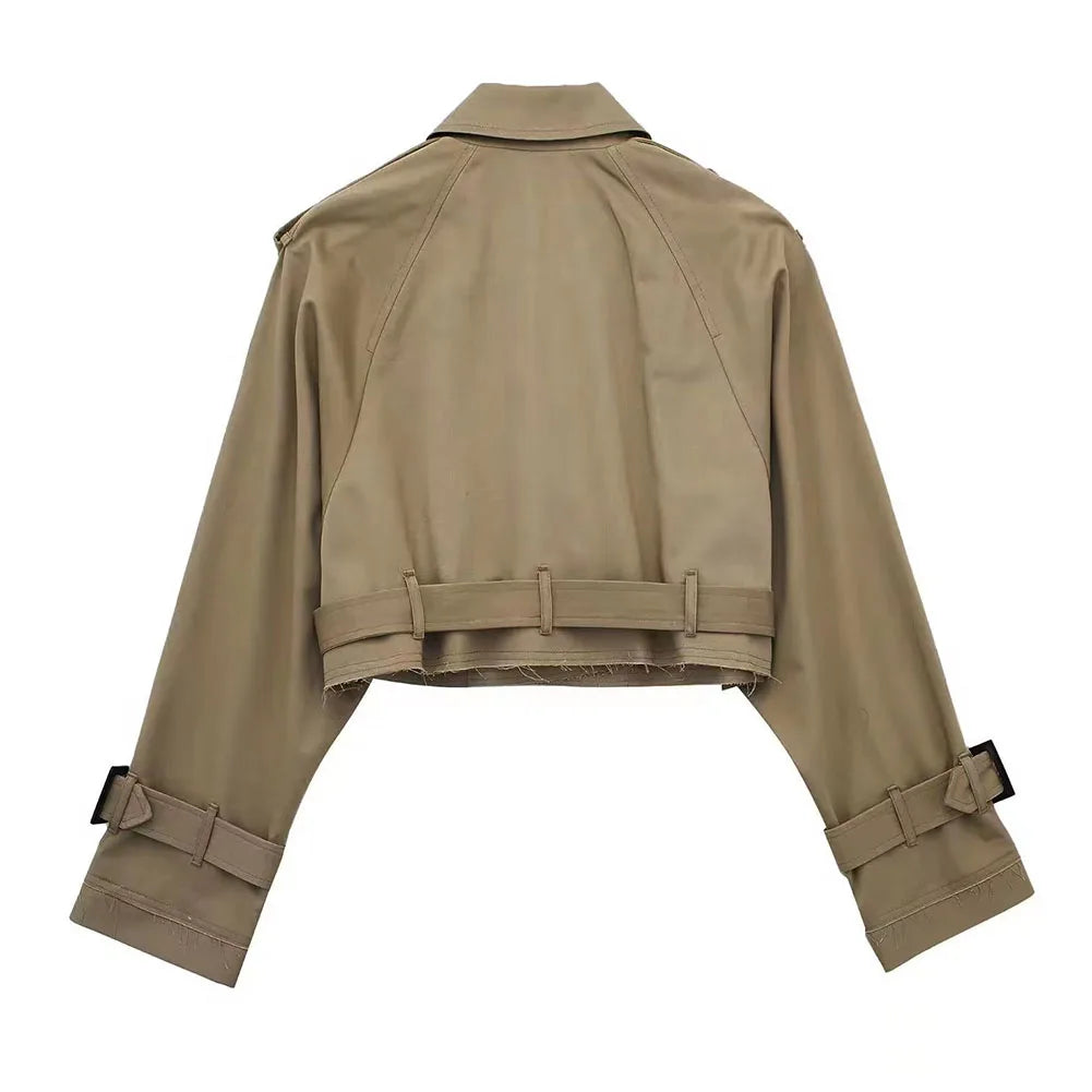 Frauen kurze Blazer Jacken Herbst elegante Vintage einfarbige Langarm Zweireiher Trenchcoat mit Gürtel.