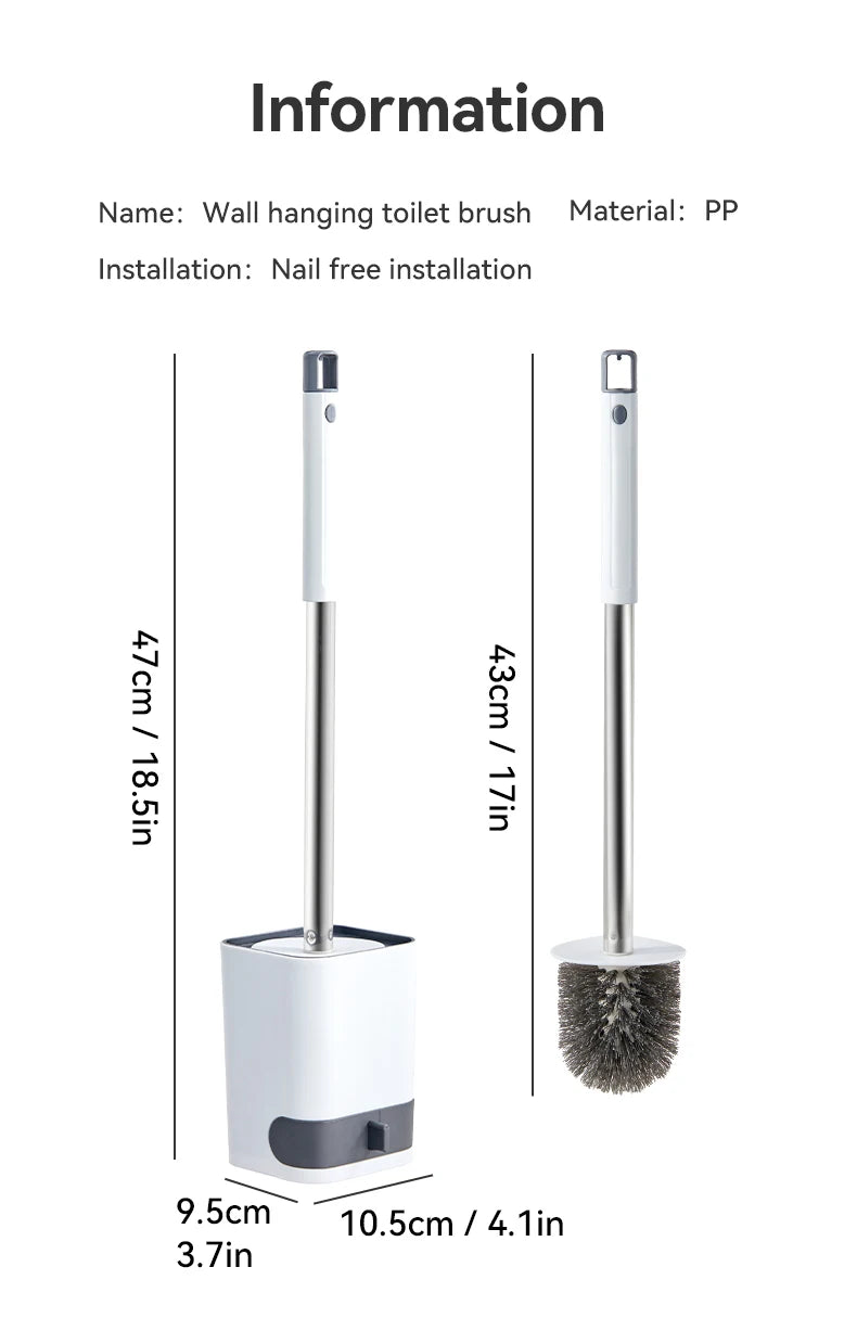 WORTHBUY Wandmontierte Toilettenbürste aus Kunststoff mit langem Griff und Halter, stanzfreie WC-Toilettenreinigungsbürste, Badezimmerzubehör