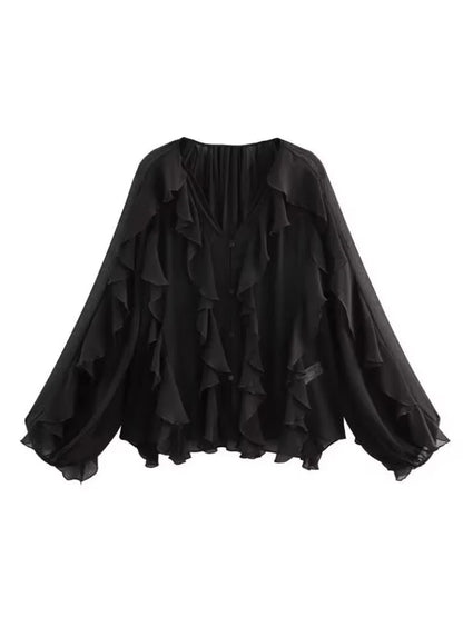 Women Fashion With Ruffles Semi-sheer Blouses V Neck Long Sleeve Button-up Female Shirts Chic Tops.
