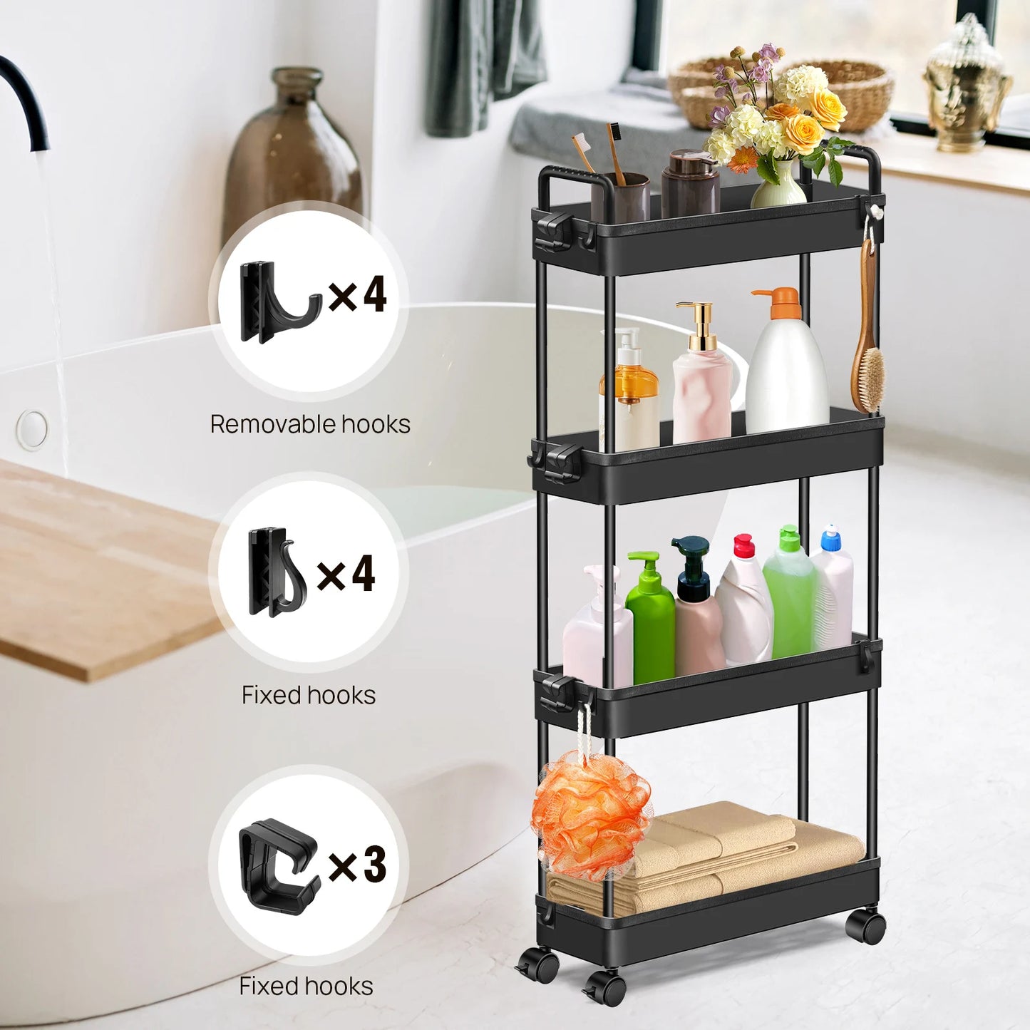DayPlus 4-stufiger Aufbewahrungswagen, ausziehbarer, schlanker, rollender Mehrzweckwagen, multifunktionaler Badezimmerwagen aus Metall auf Rädern