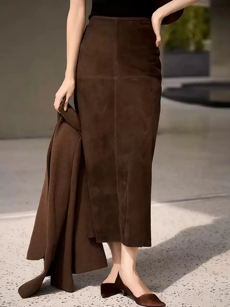 Retro High Grade Suede Real Leather Long Skirt 80cm For Women Upgraded Imported  Jupe Back Split Waist Loop Faldas Ankle-Length.
