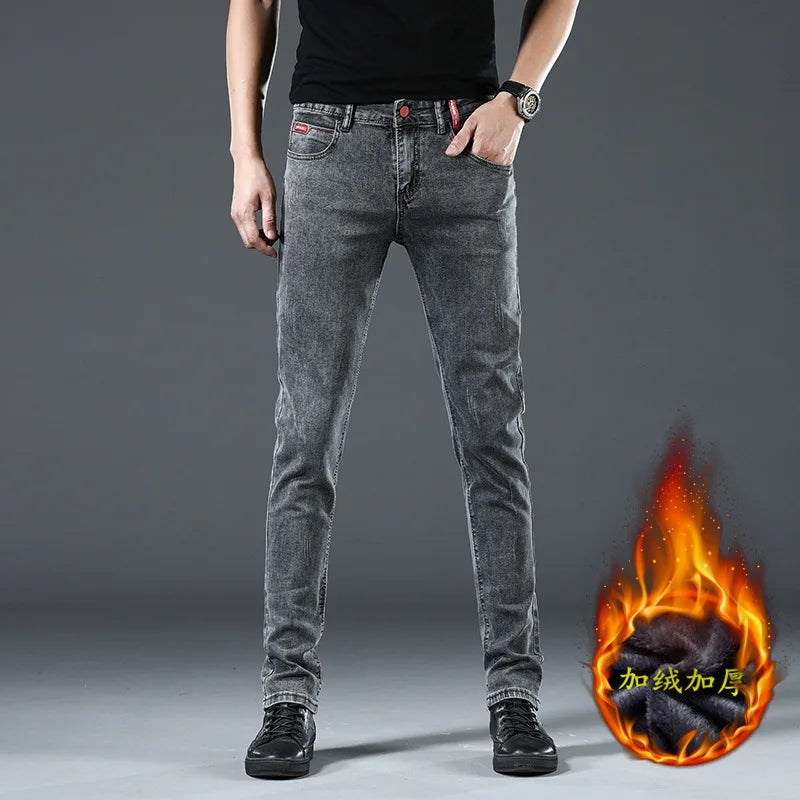 Winter Thick Plus Velvet Men Middle Waist Skinny Jeans Simple Fleece Warm Slim Fit Stretch Boy Casual Denim Pencil Pants.