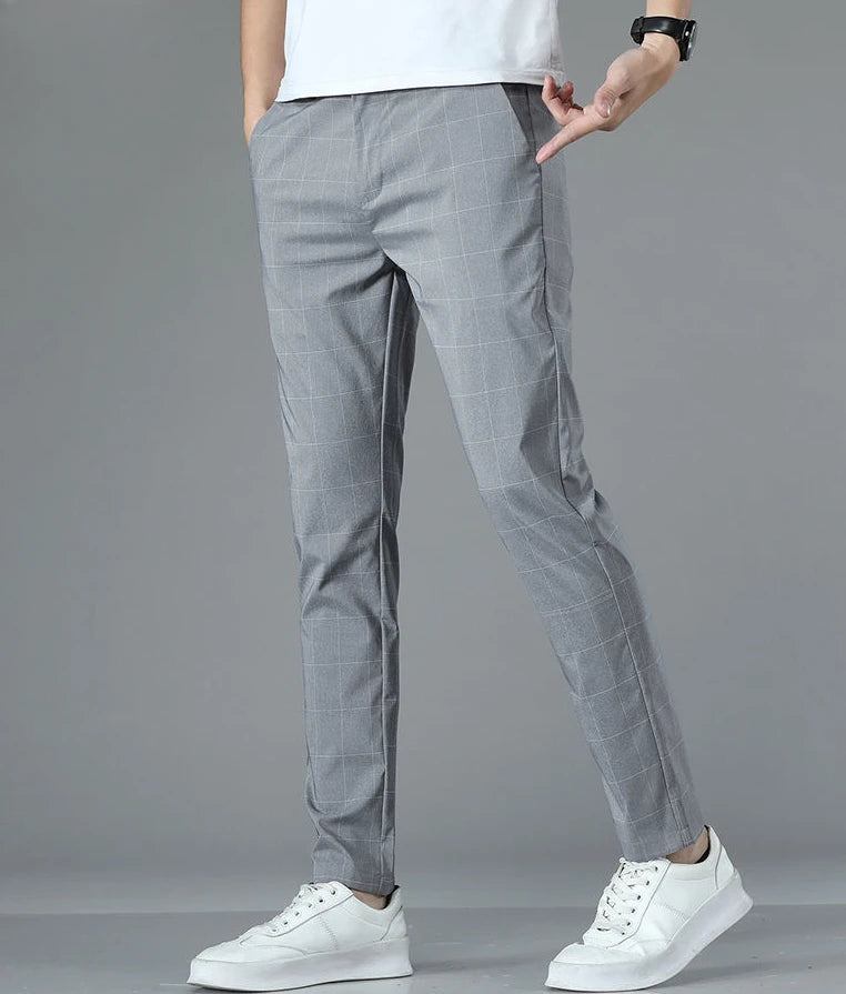 Male Suit Trousers Check Cooling Ice Silk Plaid Straight Up Clothes Offer Slacks Designer Men's Summer Pants Fabric 2025 Classic.