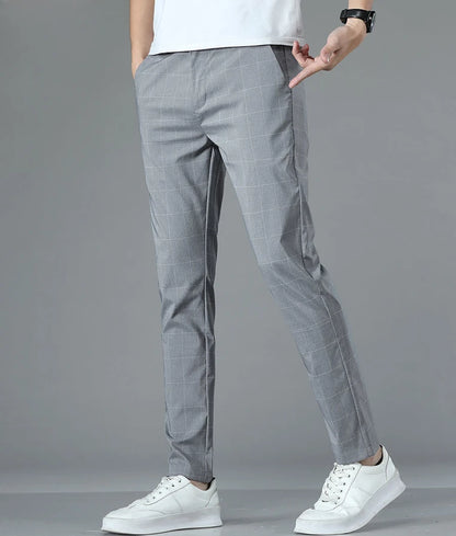 Male Suit Trousers Check Cooling Ice Silk Plaid Straight Up Clothes Offer Slacks Designer Men's Summer Pants Fabric 2025 Classic.