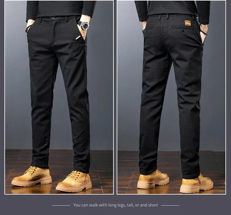 Men's Twill Slim Pants Business Straight Cotton Casual Trousers Brand Fashion Korean Elastic Coffee Black Gray Pant.