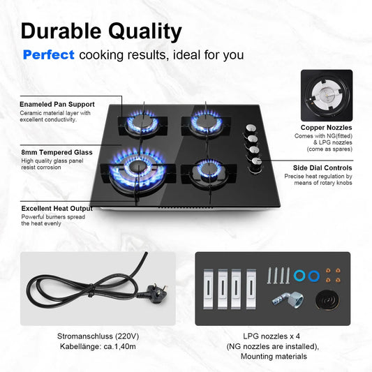 60cm Gas Hob 4 Burners 8000W Dual Fuel (Natural Gas/Propane) Auto Flame Protection Tempered Glass Built-in/Freestanding 220-240V.