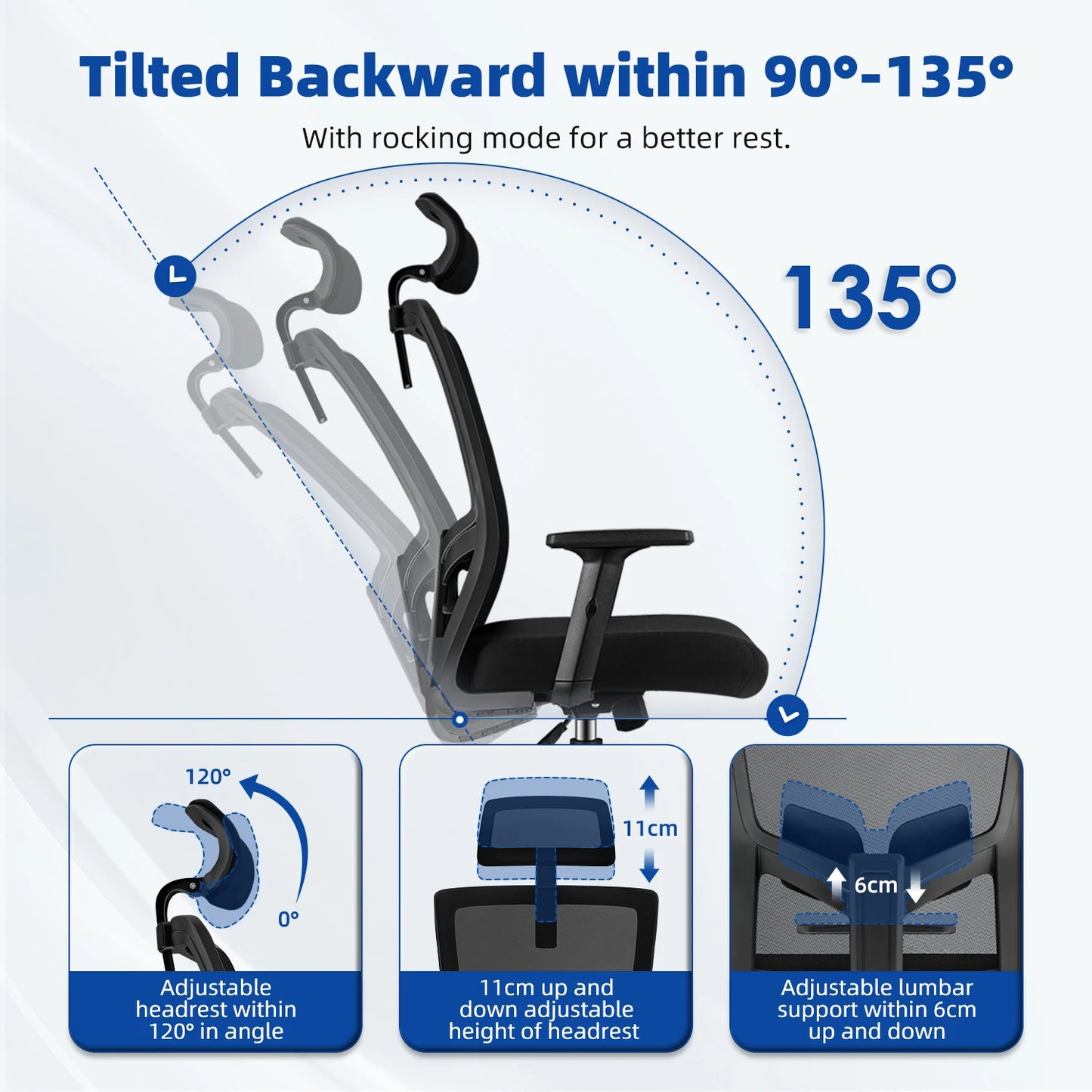 AUTHMIC Ergonomischer Bürostuhl, Netzrückenlehne, verstellbare Armlehnen, Lordosenstütze, drehbarer Schreibtischstuhl für das Heimbüro
