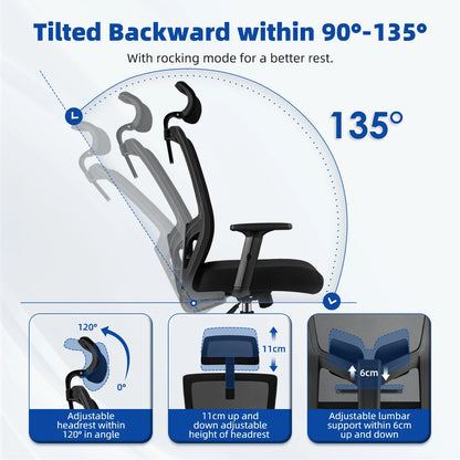 AUTHMIC Ergonomischer Bürostuhl, Netzrückenlehne, verstellbare Armlehnen, Lordosenstütze, drehbarer Schreibtischstuhl für das Heimbüro