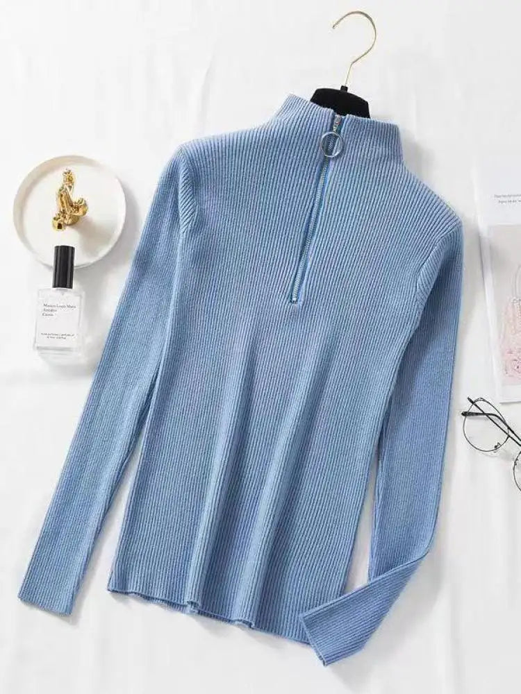 Frauen Fashion Solid Strick Pullover Vintage Langarm Zip-up Grundlegende Hälfte Rollkragenpullover Weibliche Pullover Chic Casual Tops