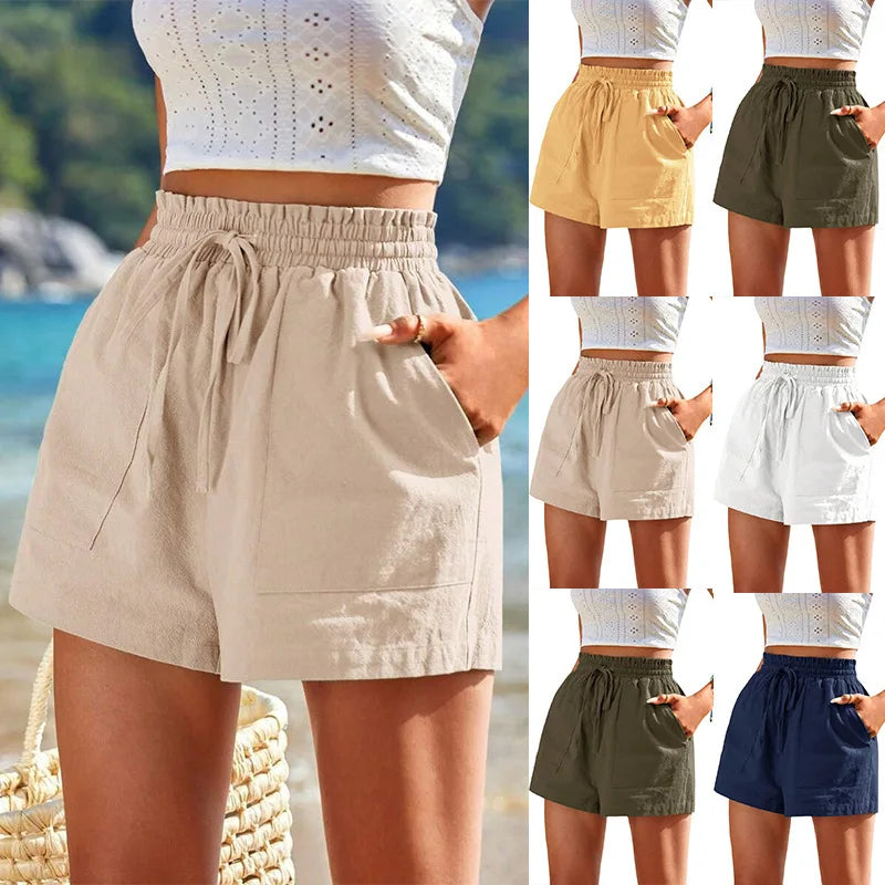 2025 Summer New Women's Shorts Loose Linen Casual Pockets Solid Color High Waist Wide Leg Pants.