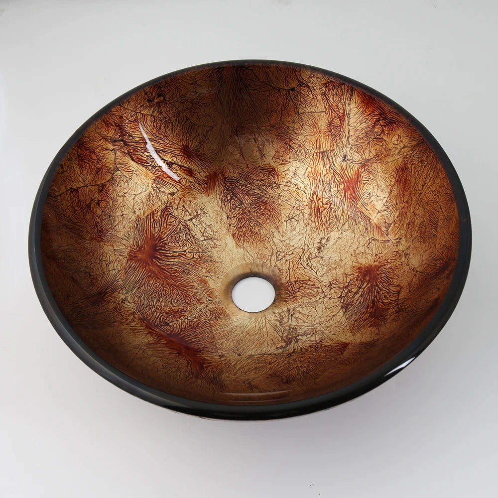 KEMAIDI Waschbecken mit Wasserhahn-Abfluss-Kombination aus gehärtetem Glas, 43,2 cm rundes Waschbecken, braunes Badezimmer-Schüsselwaschbecken über dem Waschbecken