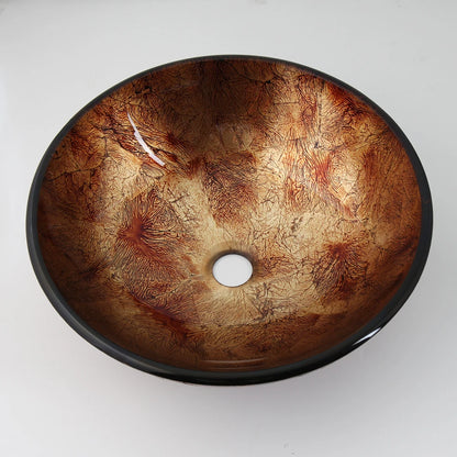 KEMAIDI Waschbecken mit Wasserhahn-Abfluss-Kombination aus gehärtetem Glas, 43,2 cm rundes Waschbecken, braunes Badezimmer-Schüsselwaschbecken über dem Waschbecken