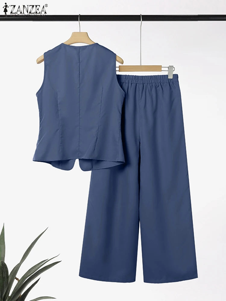 ZANZEA 2025 Summer Outfits Women Fashion Matching Sets V Neck Sleeveless Tanks Tops Trousers Suit 2PCS Solid Work OL Tracksuits.