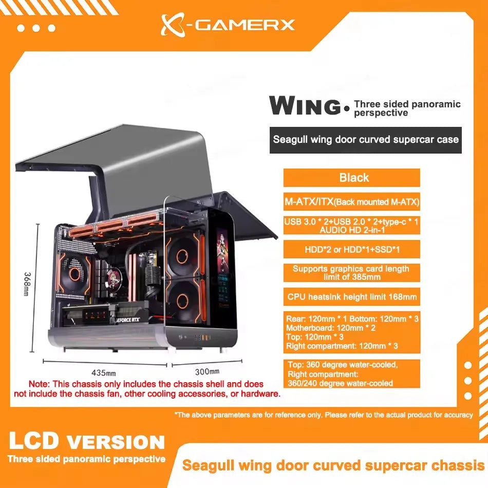 X-GAMERX HUANYI WING MATX Seaview room Case Vertical Desktop Computer 360 Water-cooled Chassis TYPE-C Interface With Screen