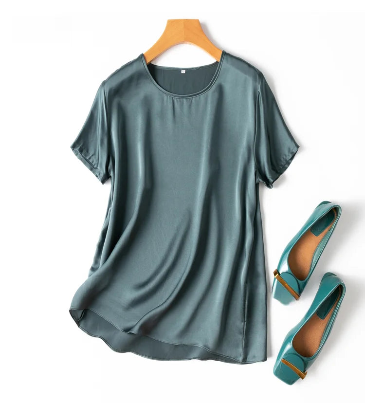 Women 100% Mulberry Silk 19 Momme half sleeve Crew Neck Top Shirt Blouse T-shirt More Colors M L XL MM4270