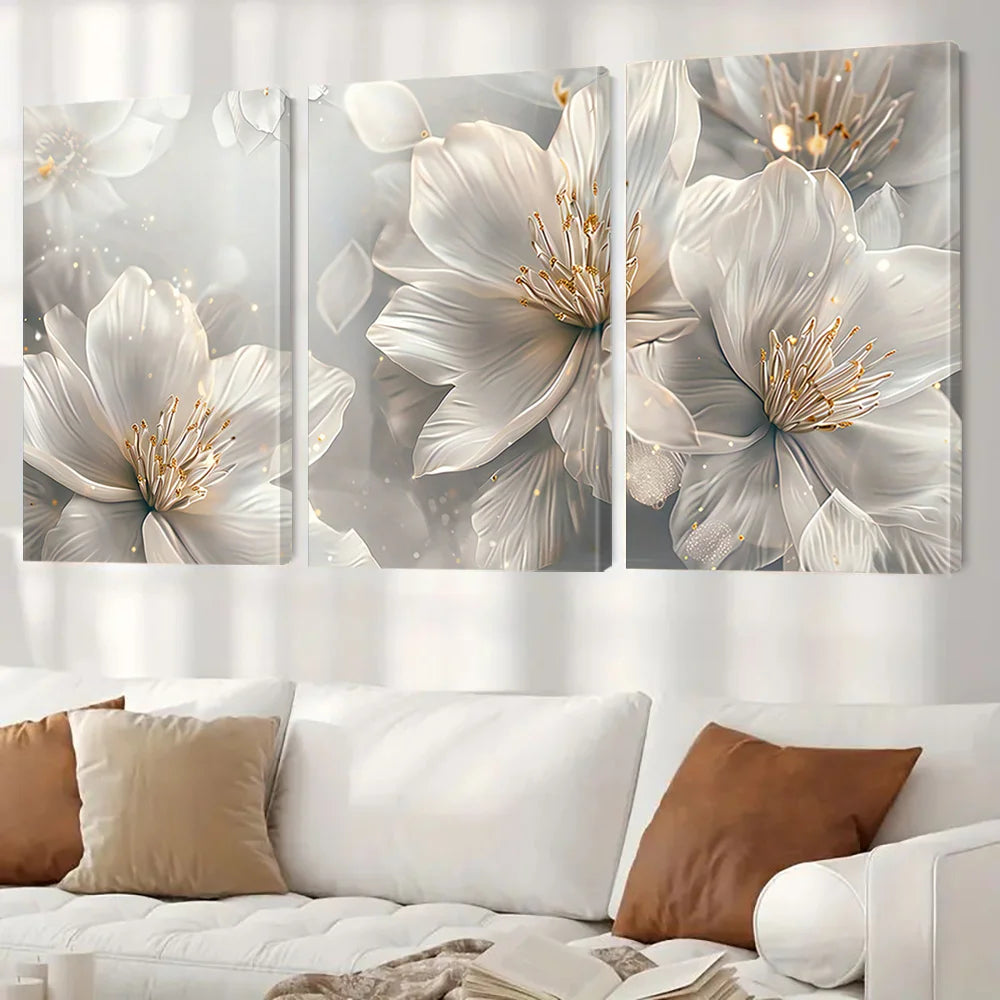 3pcs of fashionable white flower canvas wall art, blooming beautiful flower painting printmaking pictures, abstract flower wall.