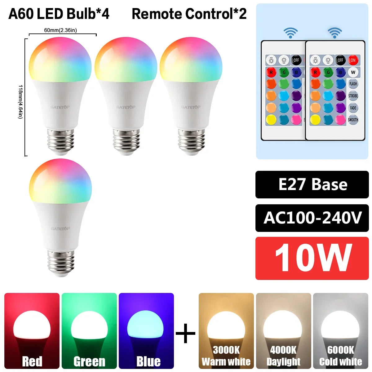 E27 RGB LED Bulb Base 24 Key Remote Control Dimmable 10W RED Blue AC220V 110V Colorful Change for Bedroom Living Room Desk Lamp.