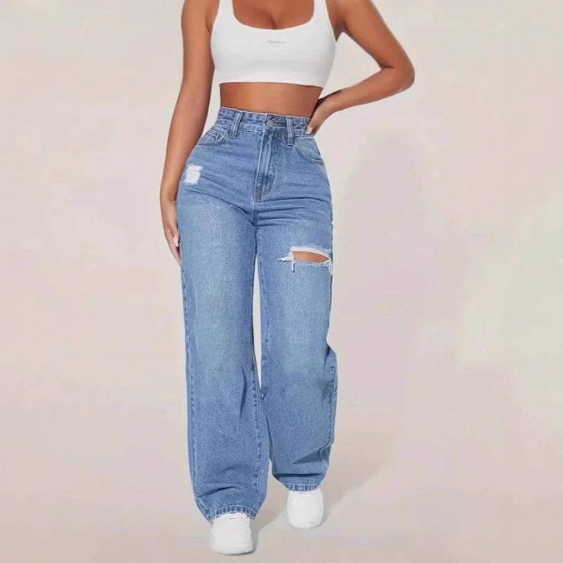 Mom Jeans Women Denim Pant Wide Leg Long Pants Hole High Waist Straight Trousers Y2k Streetwear Work Splice Casual 2025 Punk.