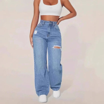 Mom Jeans Women Denim Pant Wide Leg Long Pants Hole High Waist Straight Trousers Y2k Streetwear Work Splice Casual 2025 Punk.