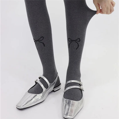 Autumn 80D Bow Gray Velvet Seamless Pantyhose Women Printed Leggings  Bottoming Socks Thick Footed Socks Compression Tights