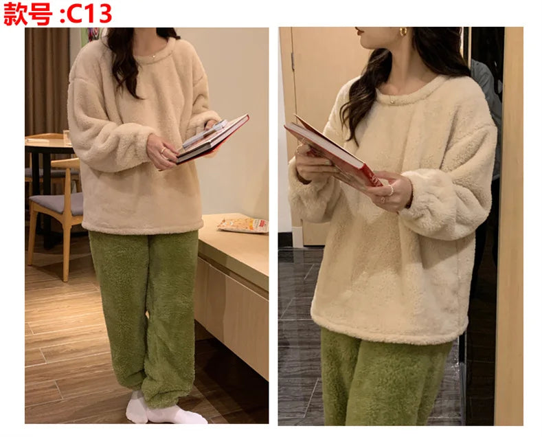 Winter Fleece Women Pajamas Set  Sleepwear Solid Velvet 2 Piece Pant Home Suit Fluffy Casual Warm Flannel Night Wear.
