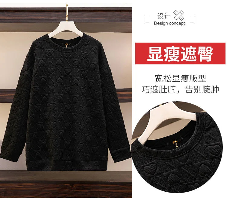 150Kg Plus Größe frauen Fehlschlag 157 Frühling Herbst Neue Liebe Drucken Lose Schlanke Sweatshirt Schwarz Grau Haut 6XL 7XL 8XL 9XL 10XL.