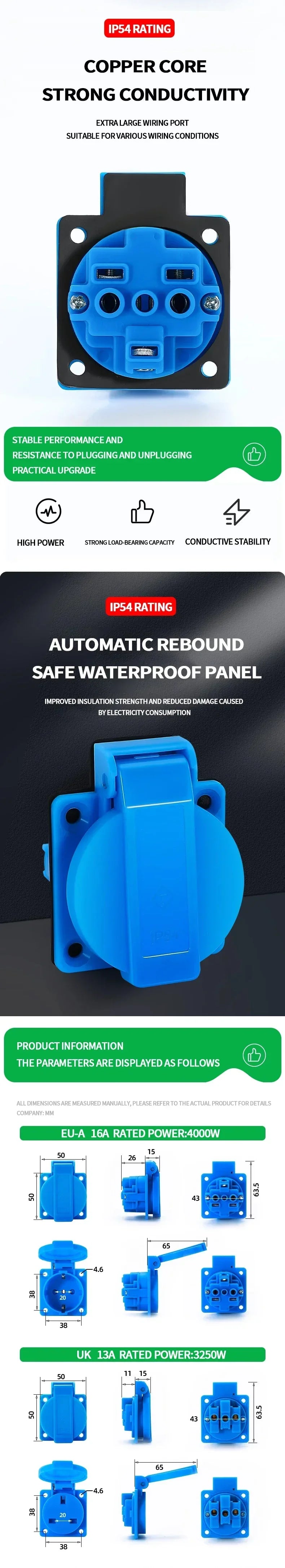 16A stoßfeste Außensteckdose IP54 |   Euro 2-Pin mit versiegelter Abdeckung für Werkstätten, Docks und extremen Zustand.