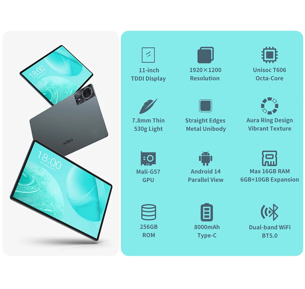 ODEA S11 Android 14 Tablet with 11" IPS 1920x1200 T606 8 Core CPU Max 16GB RAM 256GB ROM 4G LTE type C 8000mAh Widevine L1.