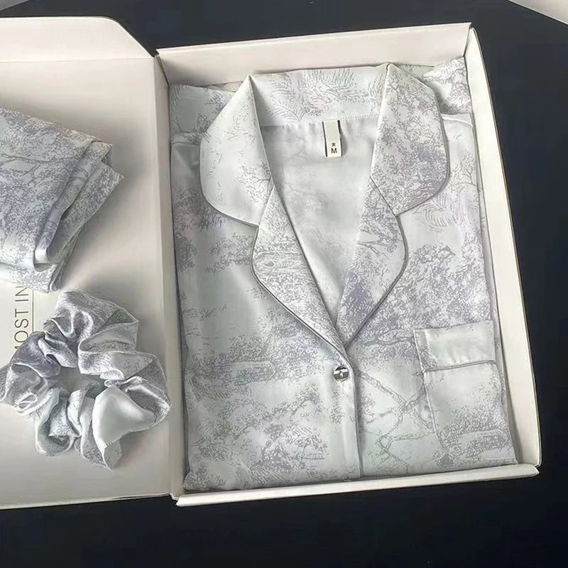 New Ice Silk Women Pajama Lapel Button Cardigan Outfits for Women 2 Piece Set Fashion Printing Set Clothes for Women.