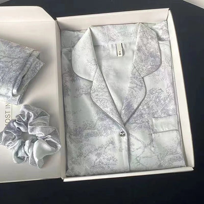 New Ice Silk Women Pajama Lapel Button Cardigan Outfits for Women 2 Piece Set Fashion Printing Set Clothes for Women.