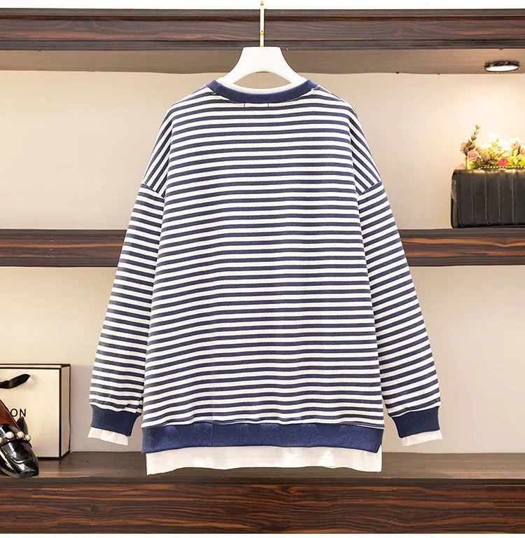 150Kg Plus Größe frauen Fehlschlag 157 Frühling Herbst Neue Lose Gefälschte Zwei-Stück Lange Ärmeln Gestreiften sweatshirt 5XL 6XL 7XL 8XL 9XL.