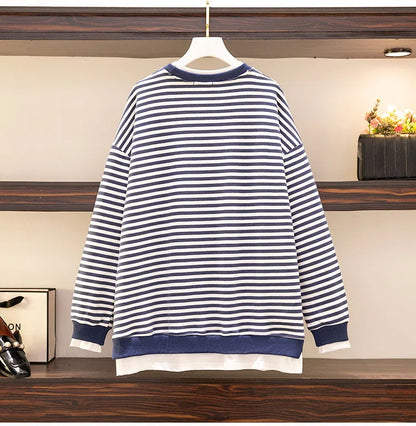 150Kg Plus Größe frauen Fehlschlag 157 Frühling Herbst Neue Lose Gefälschte Zwei-Stück Lange Ärmeln Gestreiften sweatshirt 5XL 6XL 7XL 8XL 9XL.