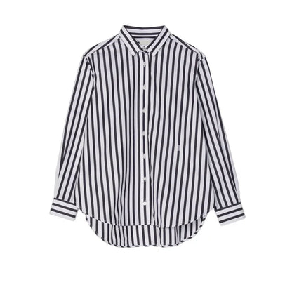 LUXURY Women's Vertical Striped Shirt, Short Front and Back, Short, Vertical Striped Shirt, Loose Long Sleeve, Commuter Style