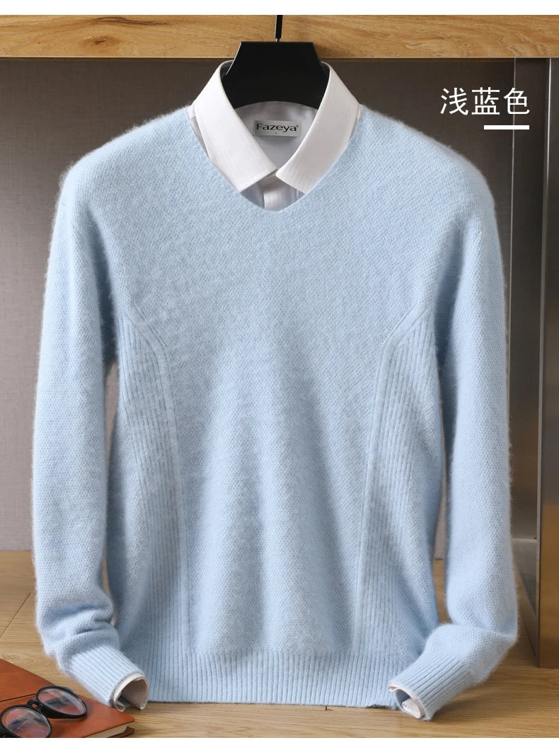 Men's 100% Pure Mink Cashmere Sweater V-Neck Pullovers Knit Large Size Mink Sweater Winter New Tops Long Sleeve High-End Jumpers.