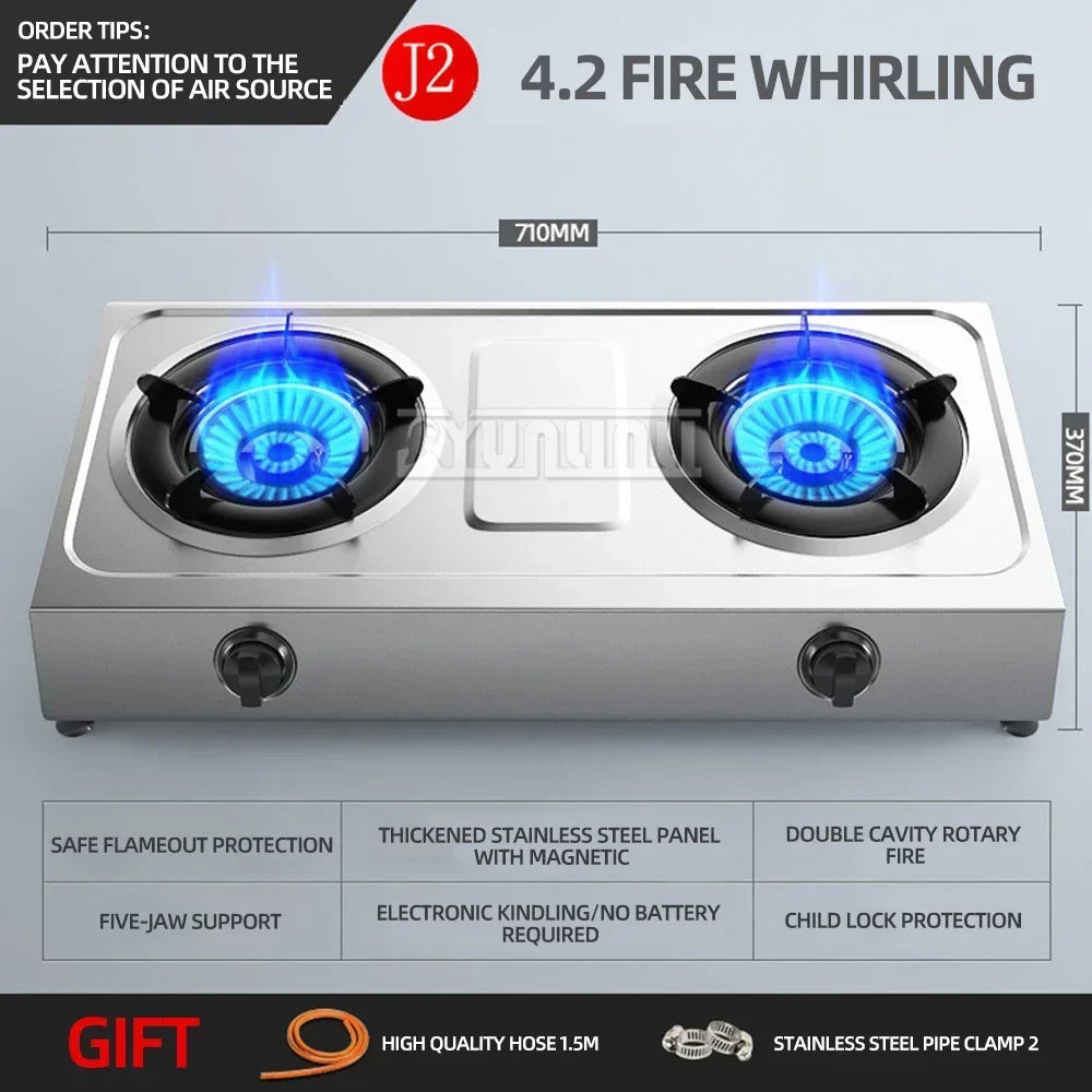 Desktop Stainless Steel Double Stove Household Bench Top Strong Fire Liquefied Natural Gas Stove.