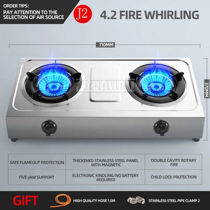 Desktop Stainless Steel Double Stove Household Bench Top Strong Fire Liquefied Natural Gas Stove.
