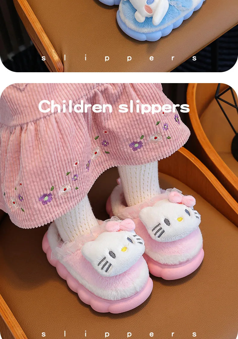 Sweet Family Winter Warm Slippers Cute Kawaii Sandals Kuromi My Melody Hello Kitty Soft Sole Shoes.