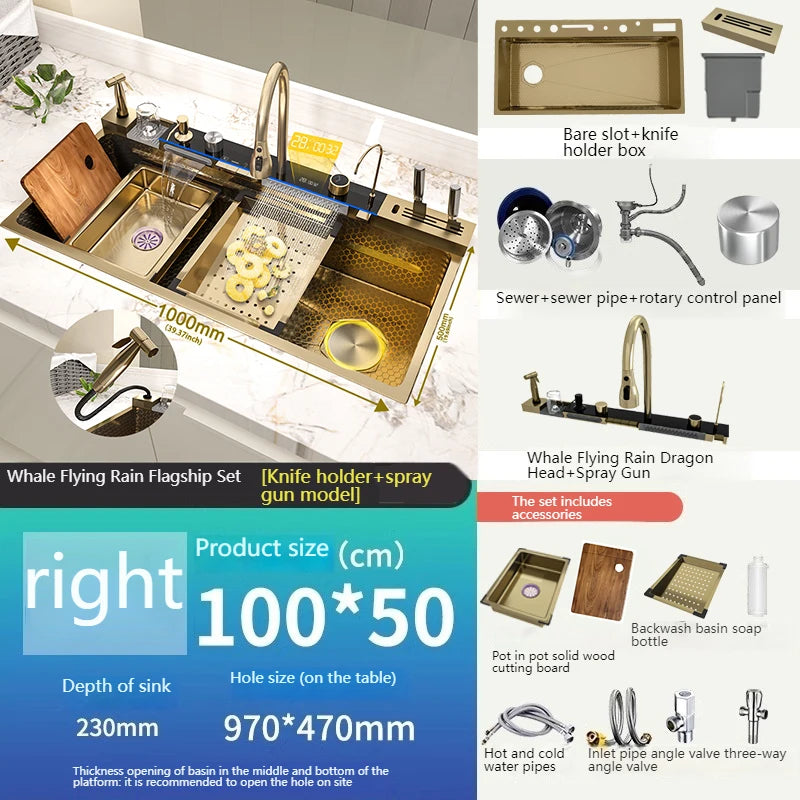 Stainless Steel Kitchen Sink Waterfall Wash Vegetables Basin Intelligent Digital Display Faucet Dish Wash Bowl Large Single Slot