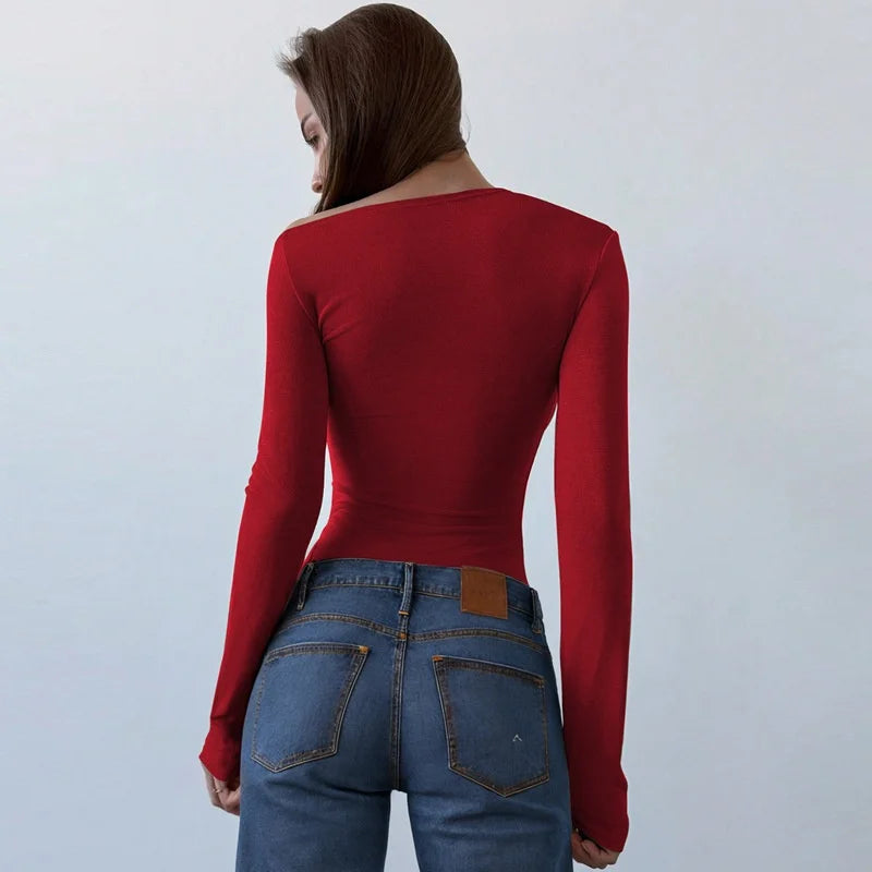 Blifanbo Oblique Shoulder Long Sleeve Tops For Women Metal Buckle Slim Fit Sexy Solid Color Bodycon Fashion BasicTop Streetwear
