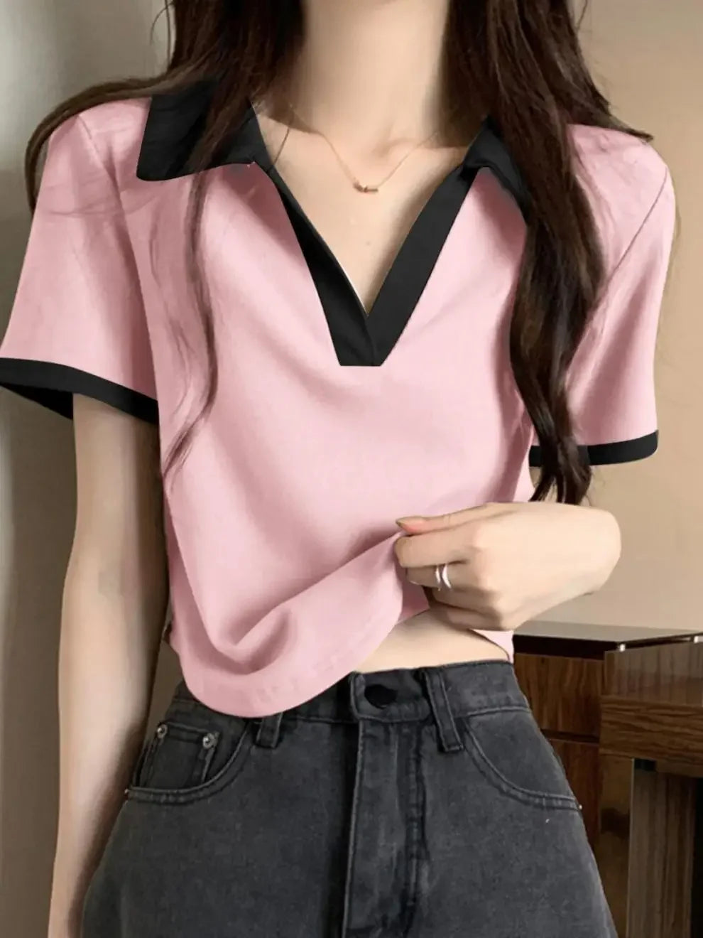 Slim Fit Short Sleeve V-Neck POLO Shirt T-Shirt Korean Design Summer Fashionable Top Half Sleeve Summer Wear Women's Fashion.