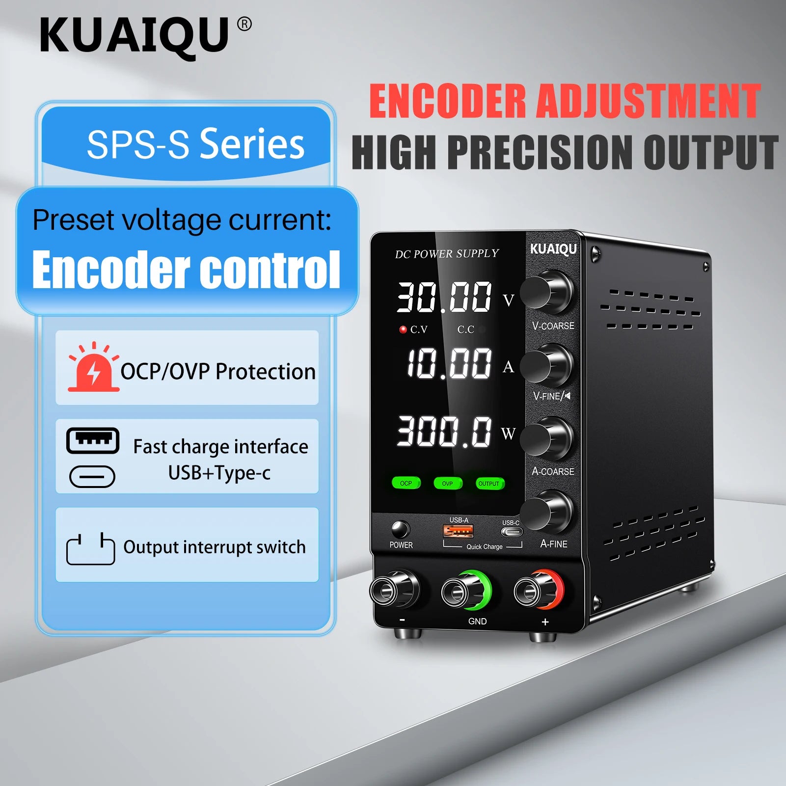 KUAIQU Upgrade Variable Adjustable Switching DC Power Supply 30V 10A Bench Power Supply 60V 5A,OCP OVP OUTPUT Switch, SPS-C3010S.