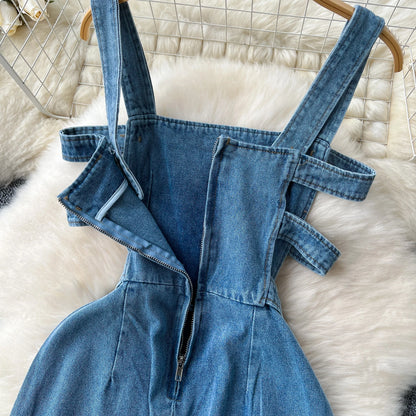 Jumpsuits Women Denim Suspender Jeans One Piece Wide Leg Pants Washed Mom Distressed Pockets Trousers Summer 2025 Streetwear.