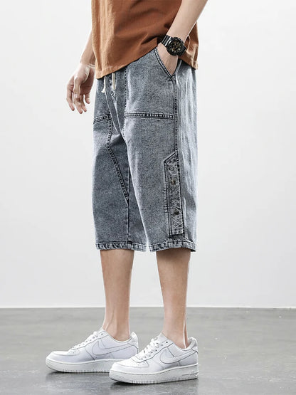 Summer Men's Jeans Denim Breeches Calf-Length Casual Shorts Washed Cotton Drawstring Straight Capris Pants Big Size 8XL.